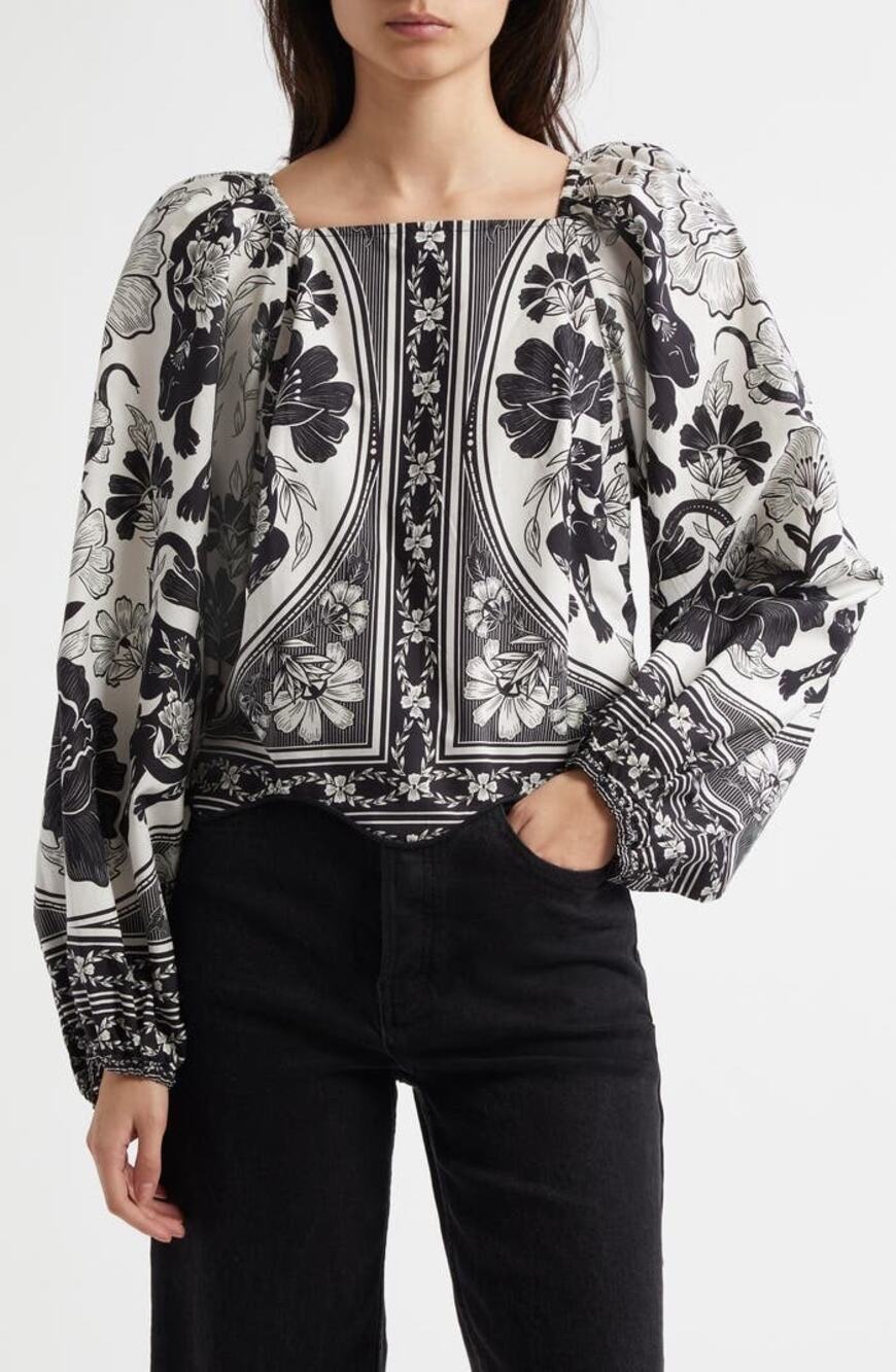 NWT Farm Rio Women’s XXS Flower Leopard Blouse Puff Sleeve Chic Boho Vacation